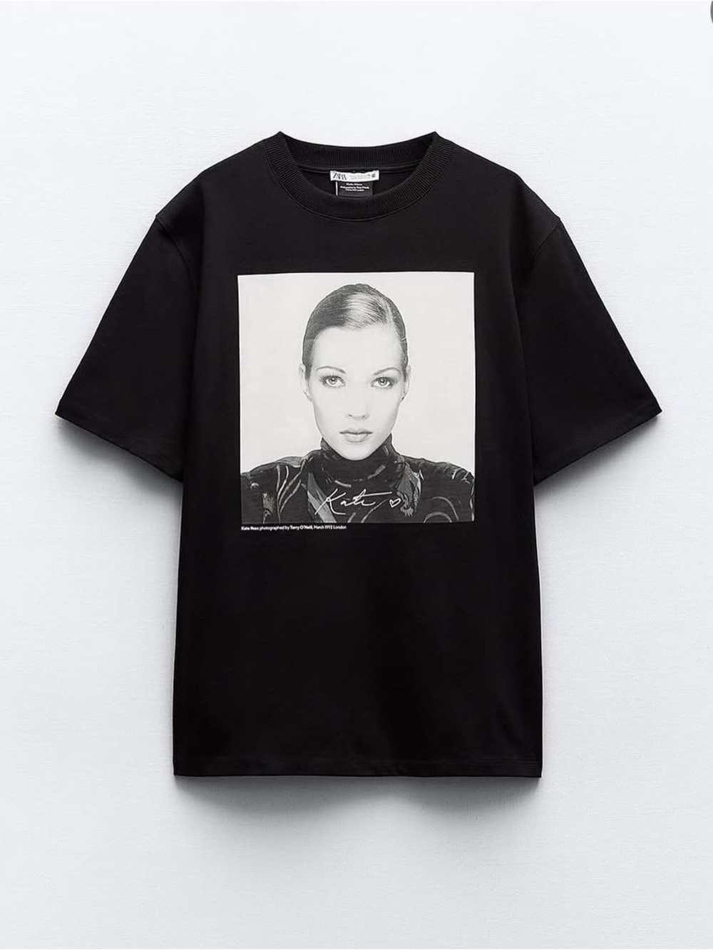 Zara Kate Moss collectionBlack Graphic Short Sleeve Tee with Monochrome Portrait